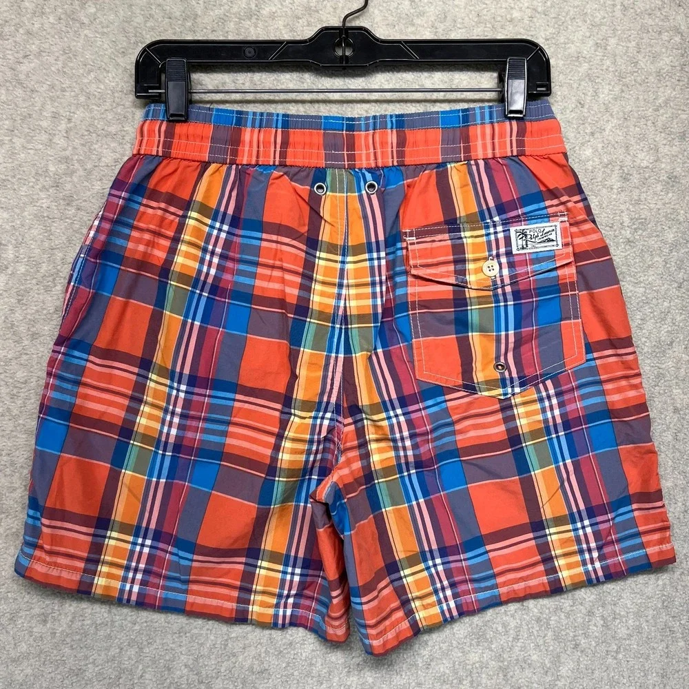 Polo Ralph Lauren Mens Swim Trunks Multicolor Plaid Drawstring Pony Logo Beach S